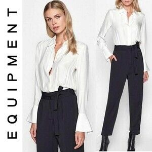 EQUIPMENT FEMME Andrea Cream Black Silky Button Down Tie Waist Jumpsuit Playsuit